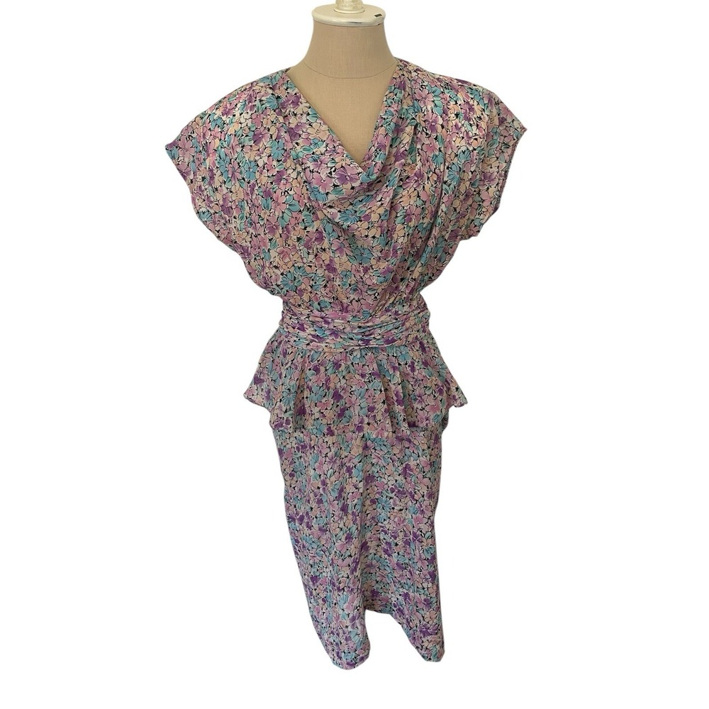 Vtg‎ 80s Floral Dress Cowl Neck Peplum Pencil Skirt Jody California Cottagecore